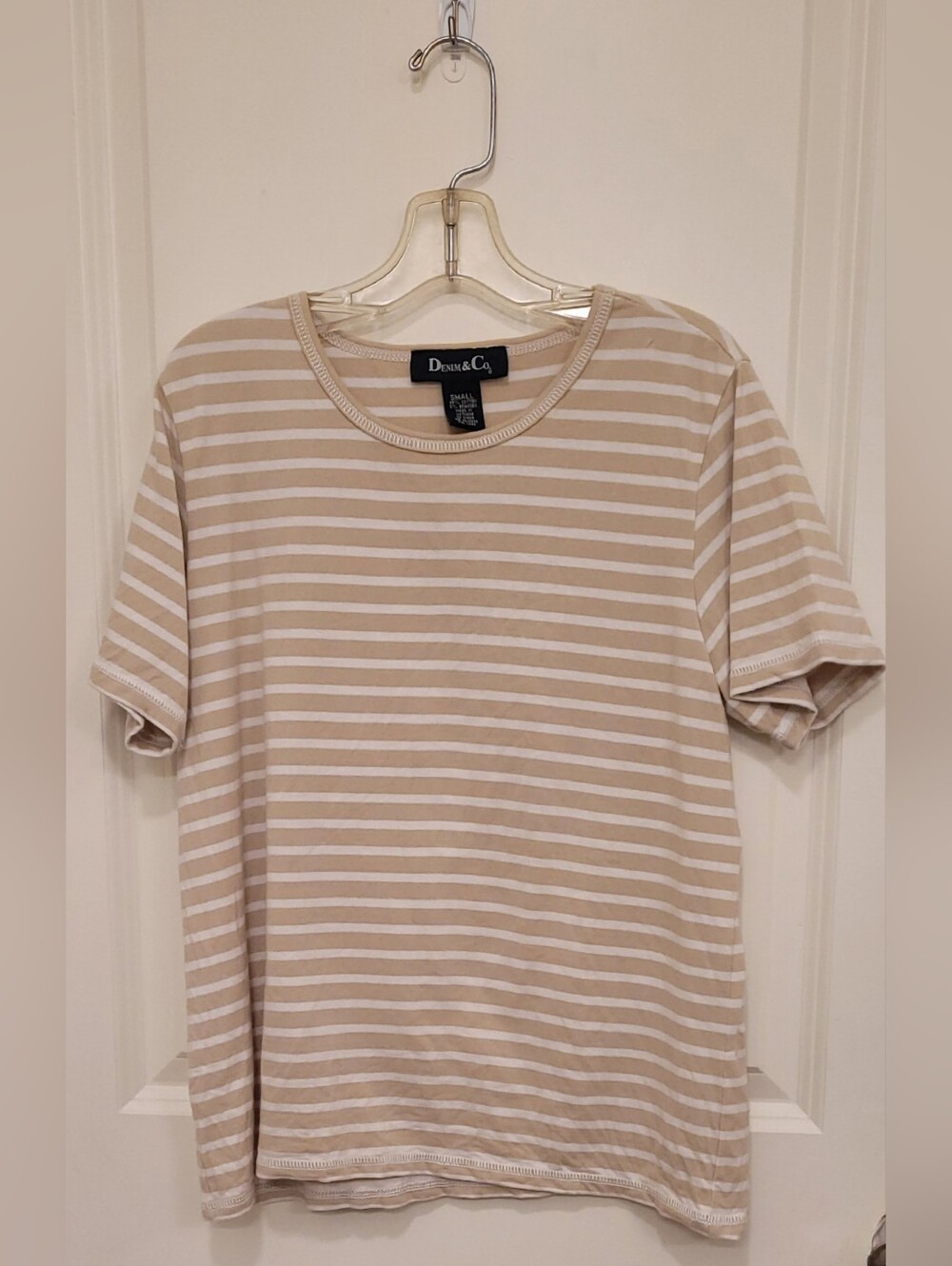 Denim&Co Beige and White Striped Short Sleeve Crew Tee